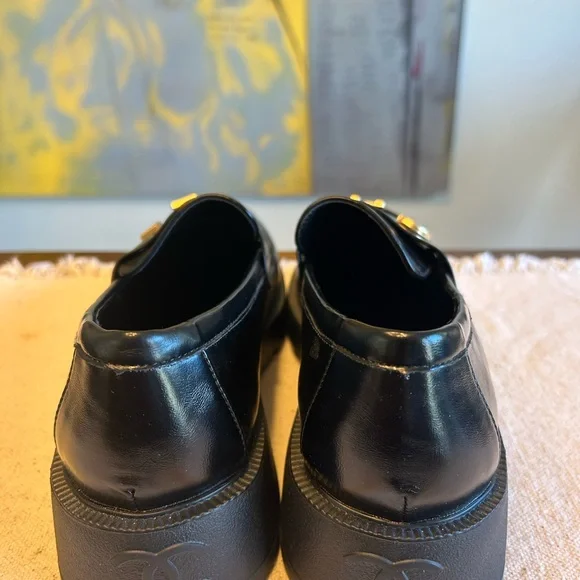 CHANEL Black Loafers with Gold Lettering - Picture 3 of 5